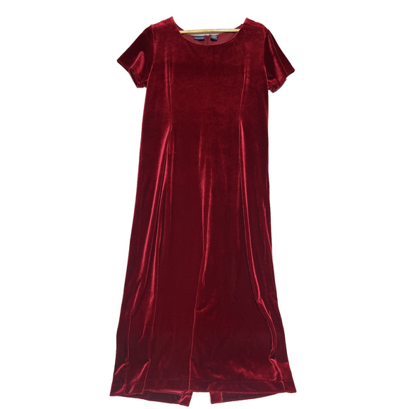 Hillared & Hanson Velvet Midi Shift Dress 12 Red Short Sleeve Holiday Tie Back - Picture 1 of 9